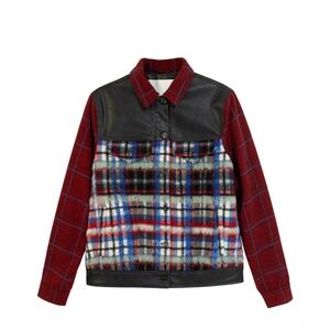 Desigual Ingrid Trucker Jacket in Plush Tartan & Faux Leather